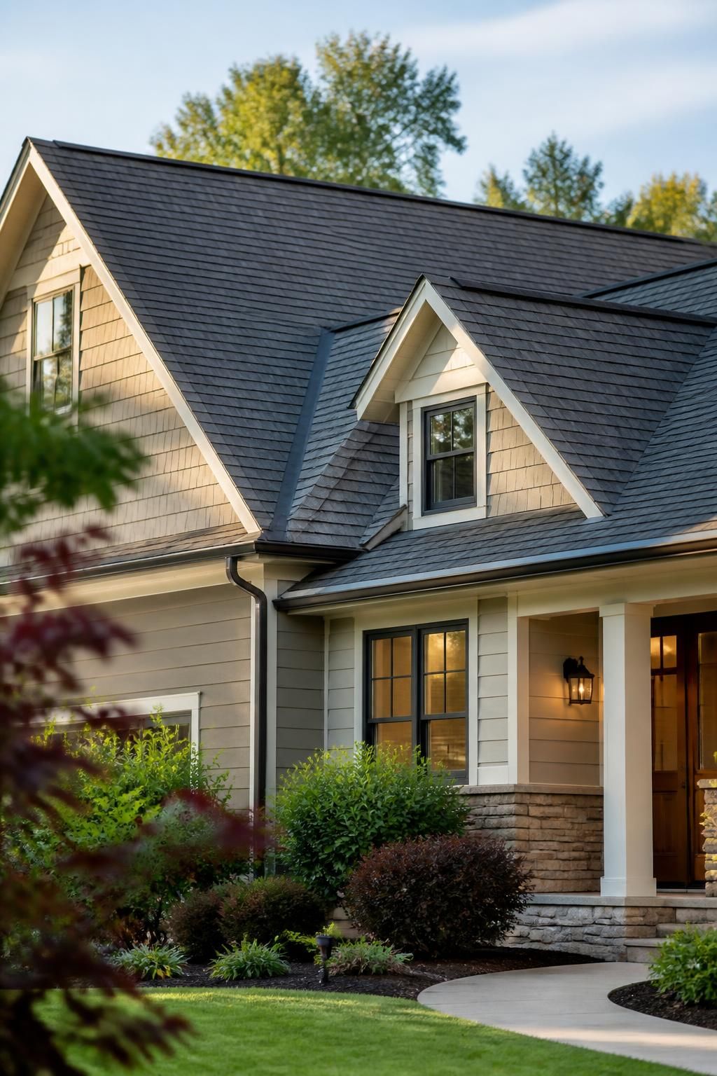 Completed roof replacement on a well-kept home exterior.