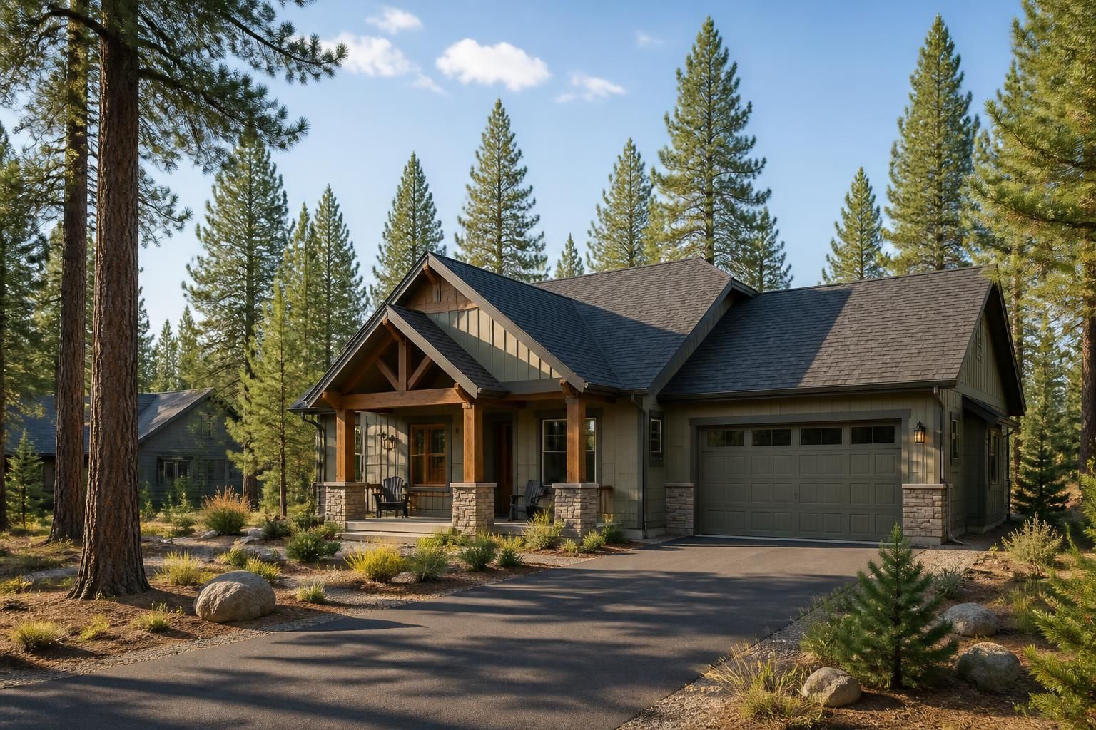 La Pine home exterior with a clean roofline and forest setting.