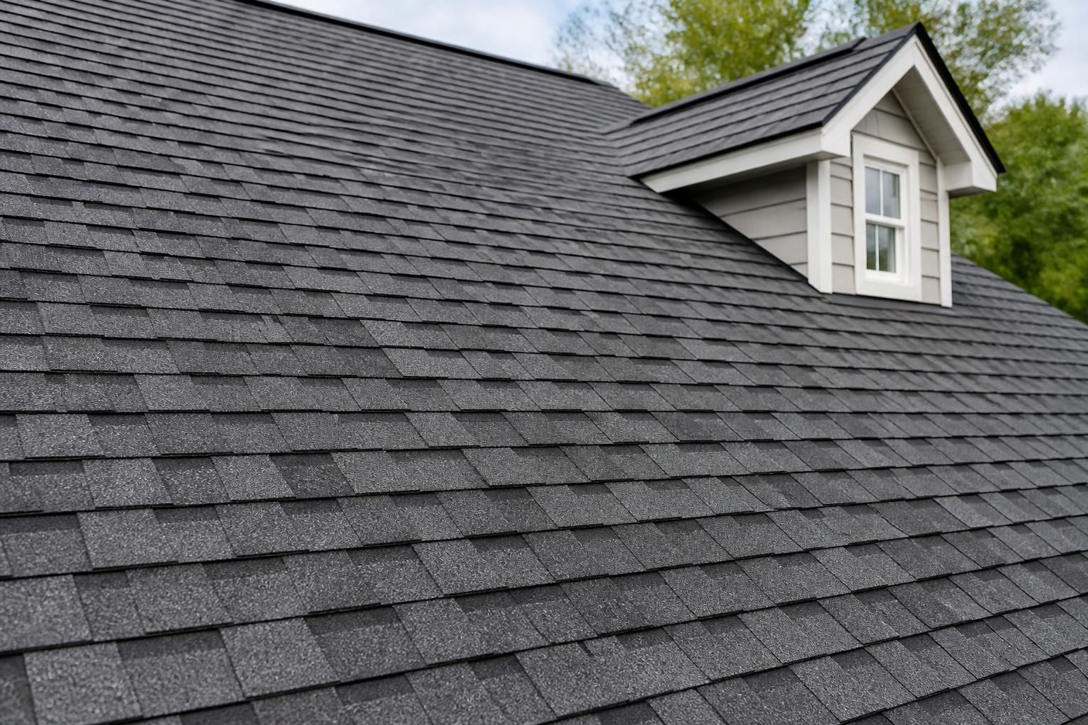 New roofing material installed in neat rows on a roof.