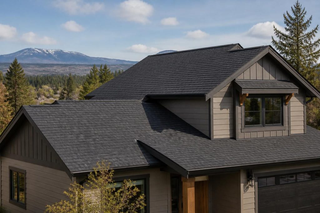 Newly replaced residential roof on a modern home in warm daylight.
