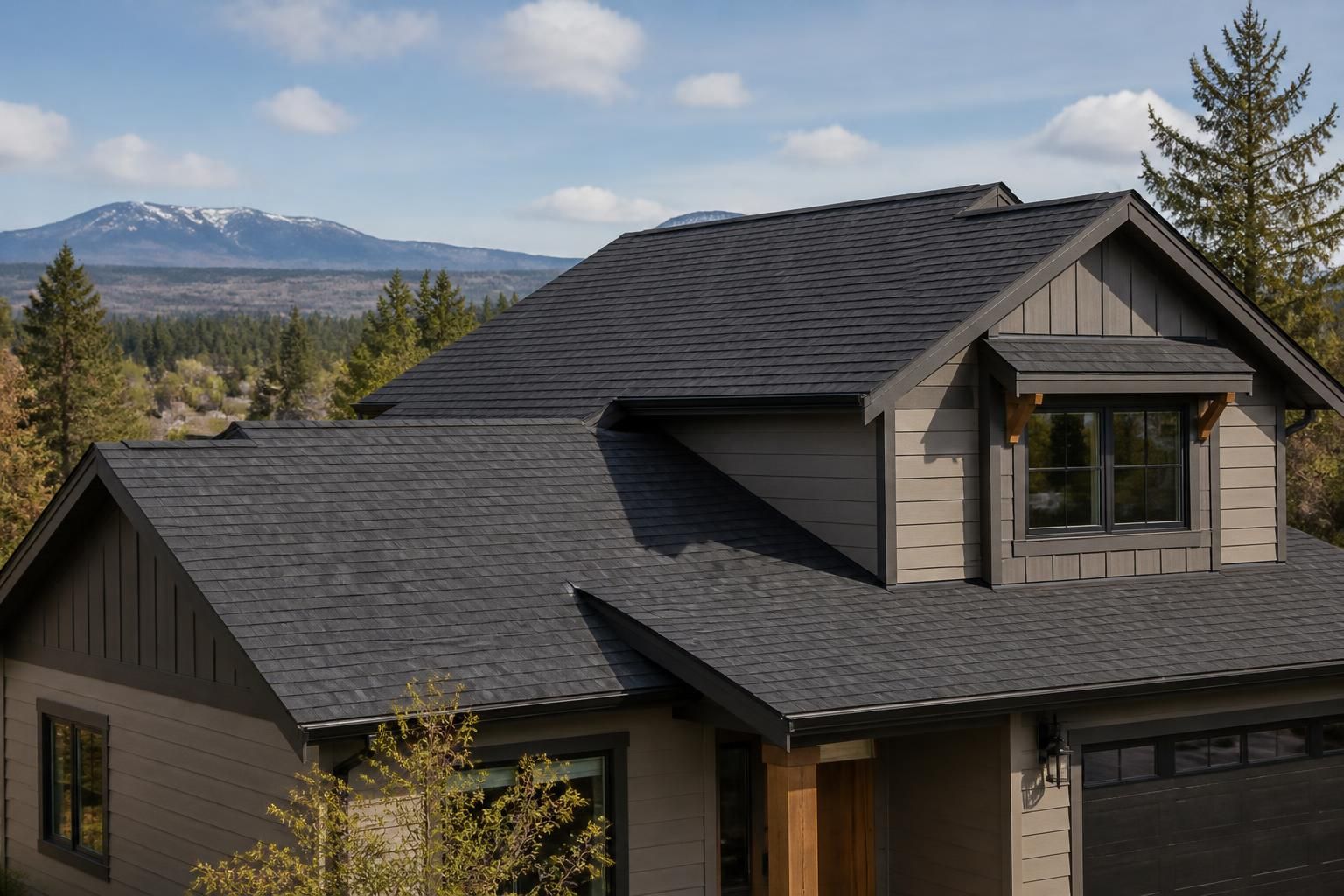 Newly replaced residential roof on a modern home in warm daylight.