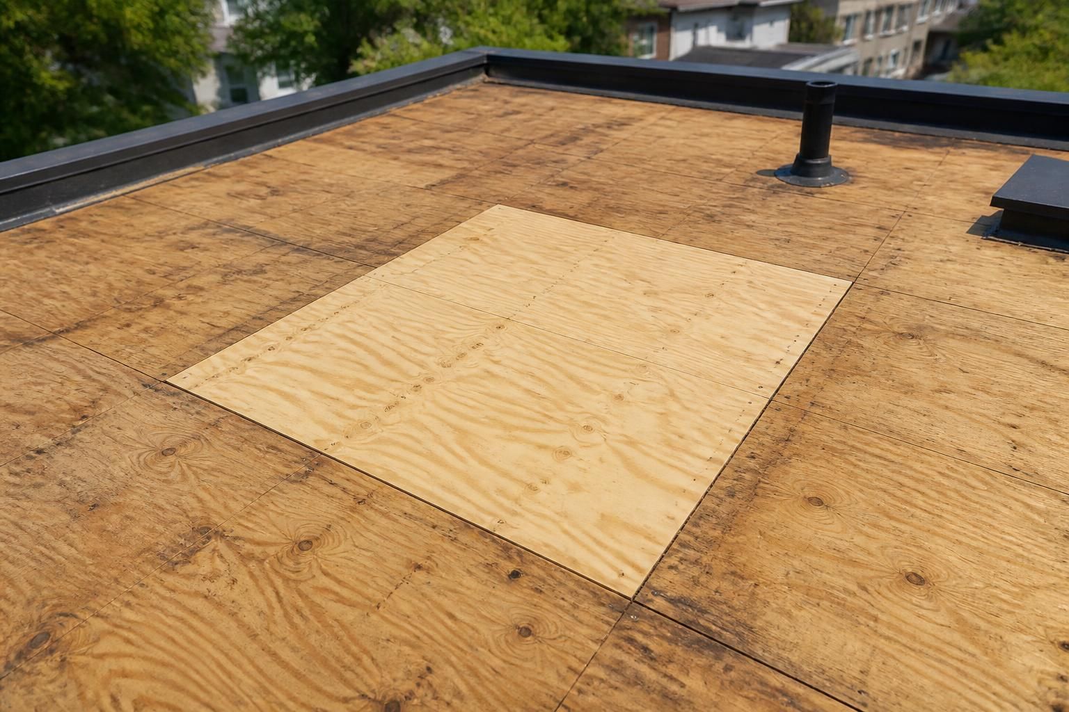 Exposed roof deck section inspected and repaired.