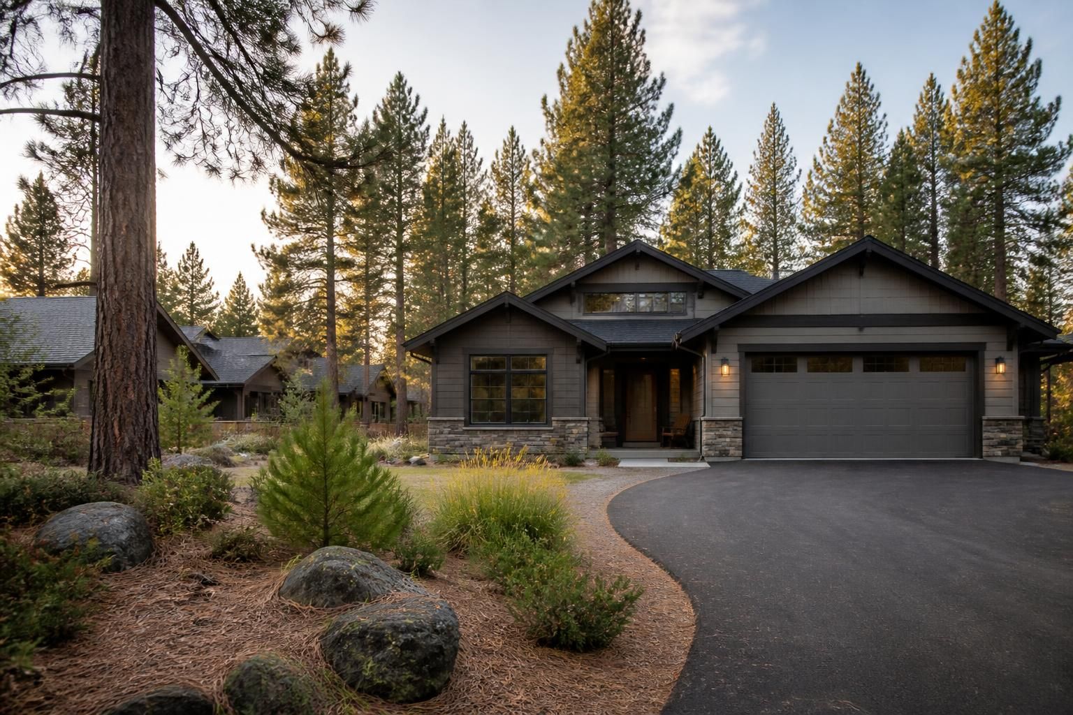 Sunriver homes with clean rooflines among pine trees.